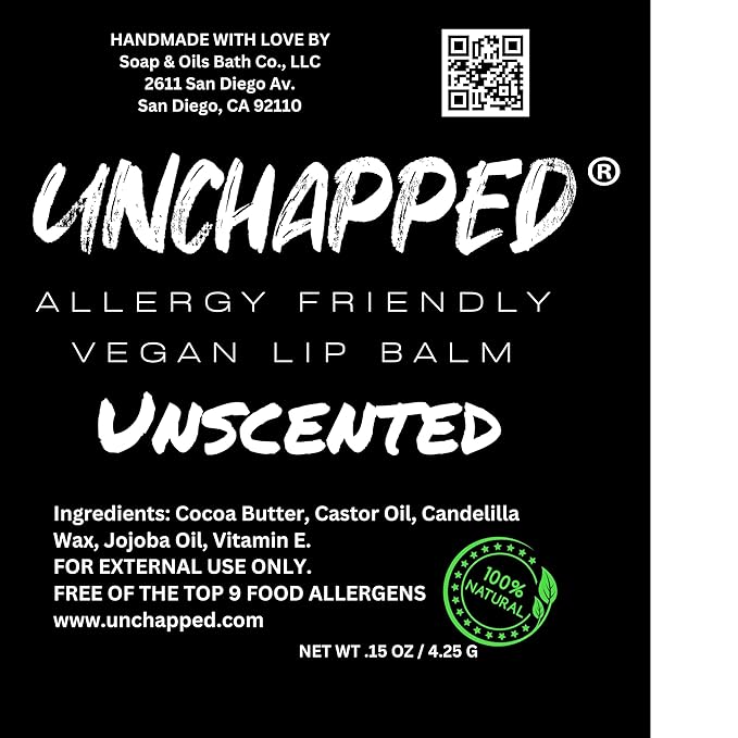Vegan Lip Balm - All Natural and Free of Beeswax, Soy, Nut, and Top 9 Food Allergens (Unflavored)