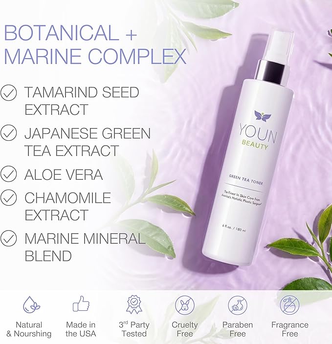 YOUN Beauty Green Tea Toner Face Mist Spray | Alcohol-Free, pH-Balancing & Hydrating Toner with Green Tea and Chamomile Extracts by Dr. Anthony Youn (180ml)