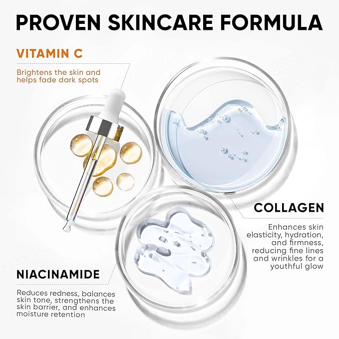 Vitamin C Serum for Face, Stem Cells, Niacinamide, Hyaluronic Acid & Vitamin E - Anti-Aging Retinol Facial Serum with Glycolic Acid & Retinal for Brightening, Hydrating & Firming Skin - Made in USA