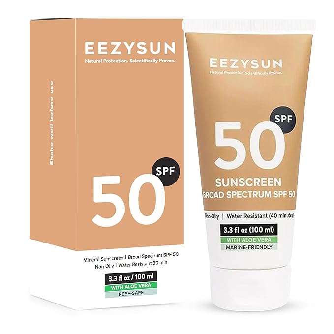 EEZYSUN Mineral Sunscreen SPF 50 - Non-Greasy, Weightless, Sweat-Resistant, Vegan & Reef-Safe Mineral Based Sunscreen for Face and Body with Aloe Vera, UVA/UVB Protection - All Skin Types - 3.3 fl oz