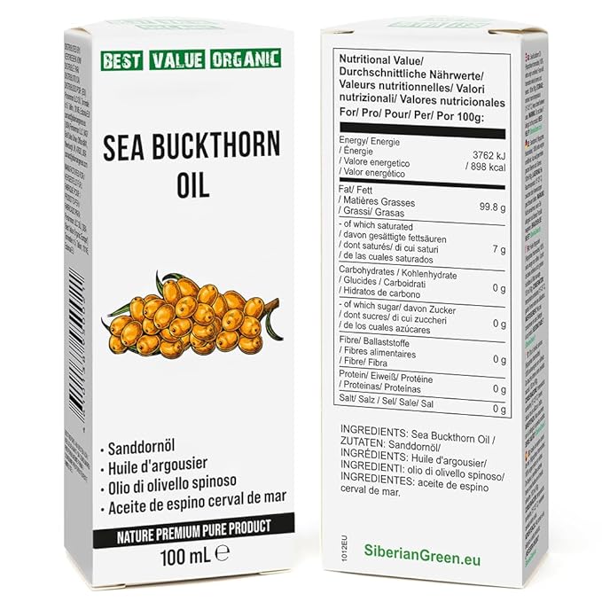 Siberian Sea Buckthorn Oil 100 Ml, Non-GMO, Unrefined, First Cold Pressed, Raw, Natural - 3.4 Fl Oz from wild harvested berries and seeds