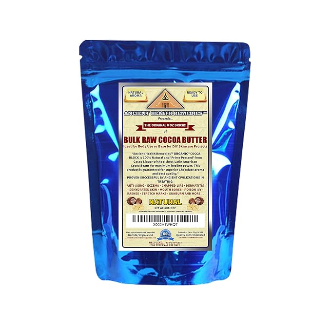 ANCIENT HEALTH REMEDIES Organic Unrefined Raw NATURAL COCOA (CACAO) BUTTER BLOCKS Bulk Size Rich Chocolate Aroma For Lip Balms Stretch Marks DIY Base for Body Butter (8oz)