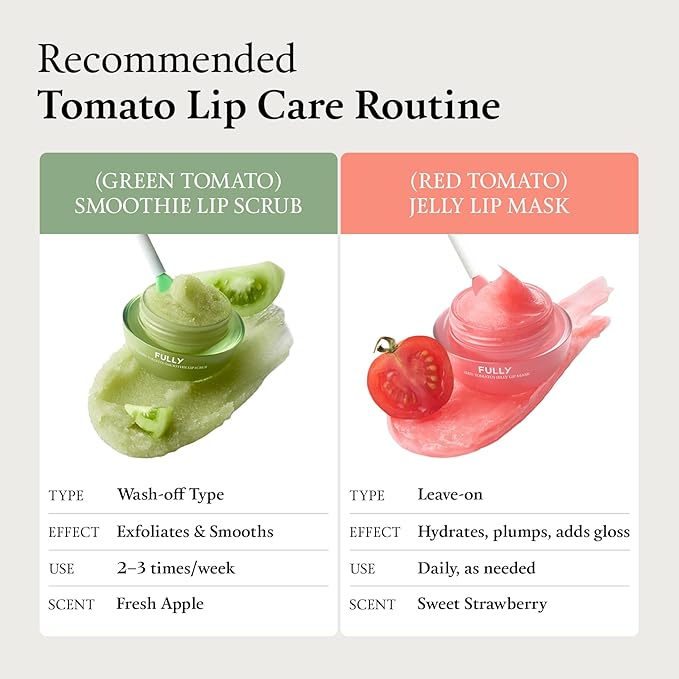 FULLY Green Tomato Smoothie Sugar Lip Scrub, Gentle Lip Exfoliator with Organic Sugar & Tomato Seed Oil for Smooth, Hydrated Lips, Vegan Daily Lip Polish for Dry, Flaky Lips, Korean Skincare, 0.42 oz