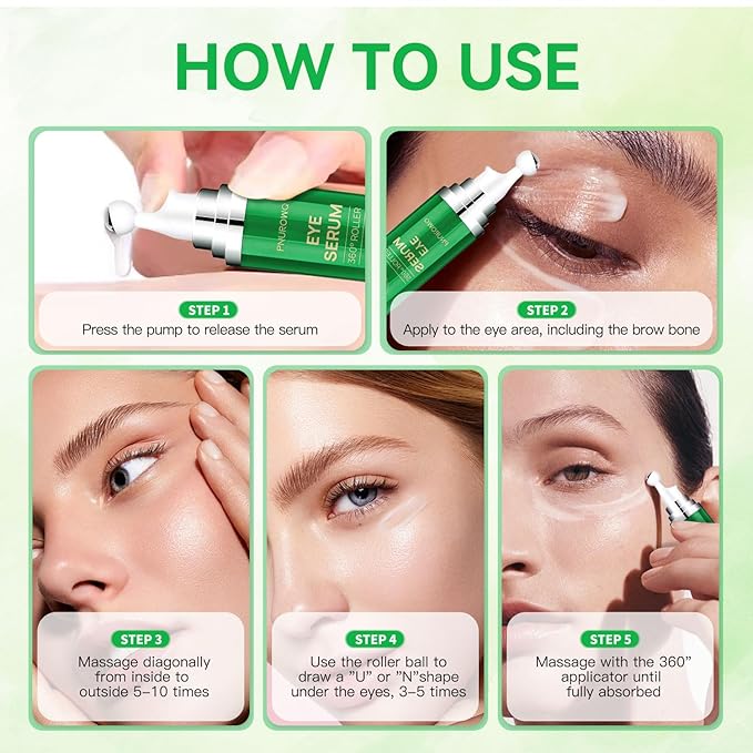Eye Cream with 5% Caffeine Retinol Hyaluronic Acid, Eye Serum with 360° Roller Massage Ball for Puffy, Bags, Fine Lines, Dark Circles and Wrinkles, Under Eye Treatment Serum for Women & Men