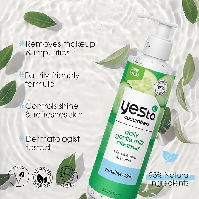 Yes To Cucumbers Daily Gentle Milk Cleanser, Soothing Face Wash That Won't Strip Your Skin & Holds Moisture, With Cucumber Extract, Soy Proteins & Green Tea, Natural, Vegan & Cruelty Free, 6 Fl Oz