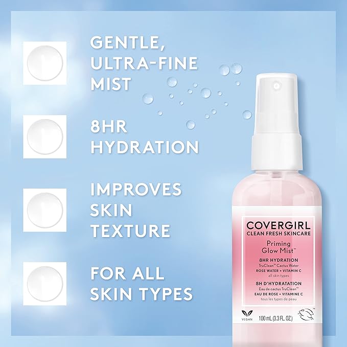 COVERGIRL Clean Fresh Skincare Priming Glow Facial Mist with Rose Water and Vitamin C, 3.3 Fl Oz