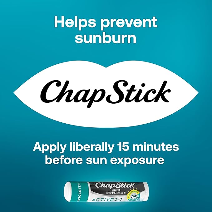 ChapStick Active 2-in-1 Unscented Flavored Lip Balm Tubes with Mineral Based SPF 25 Sunscreen - 0.18 Oz (Pack of 3)