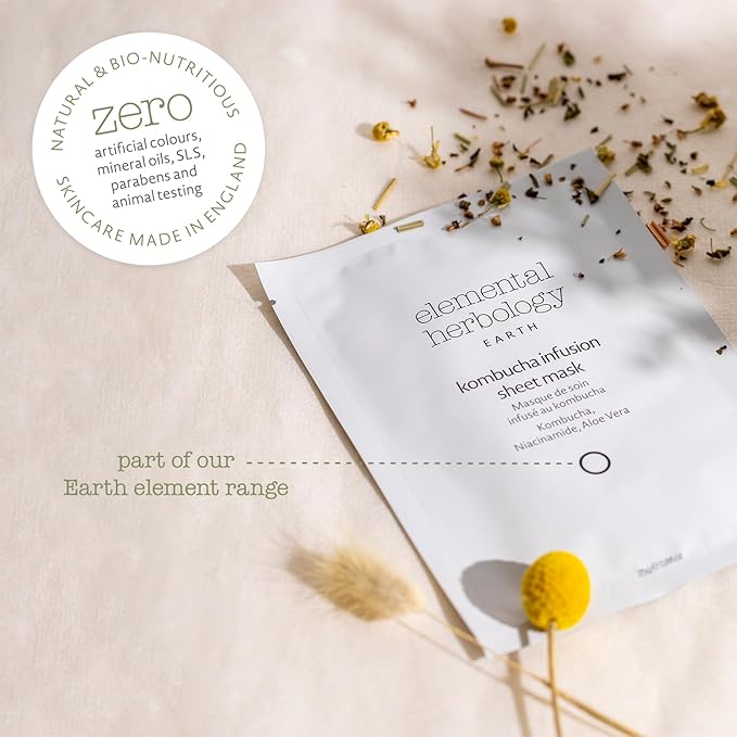 Elemental Herbology Kombucha Infusion Sheet Mask, 1 Mask– Radiance-Boosting, Face Sheet Mask with Probiotics, Niacinamide & Aloe Vera – Brightens, Hydrates & Strengthens Skin Barrier