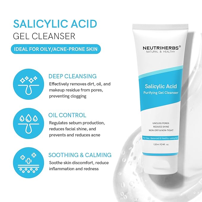 Neutriherbs Salicylic Acid Gel Cleanser, Acne Prone Oil Control Face Wash, Unclog Pore, Remove Blackhead Facial Wash - 4oz