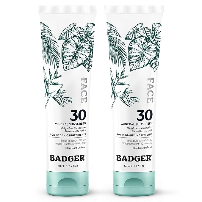 Badger Zinc Oxide Face Sunscreen SPF 30, Lightweight Mineral Sunscreen for Face, Matte Finish, No White Cast, Vegan, Water Resistant, Unscented, Mineral Sunblock Facial Lotion, 1.7 fl oz, 2-Pack