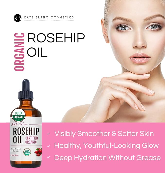 Kate Blanc Cosmetics Rosehip Oil for Face & Skin (4oz, Organic, Pure, Cold Pressed) Rosehip Seed Face Oil for Facial & Gua Sha Massage