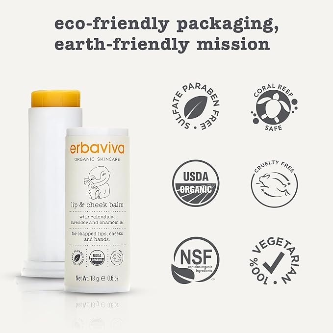 Erbaviva Organic Lip & Cheek Balm – Moisturizing Stick for Baby & Adults | USDA Organic, Shea Butter & Calendula for Dry, Chapped Skin | Lip, Cheek & Hand Protection