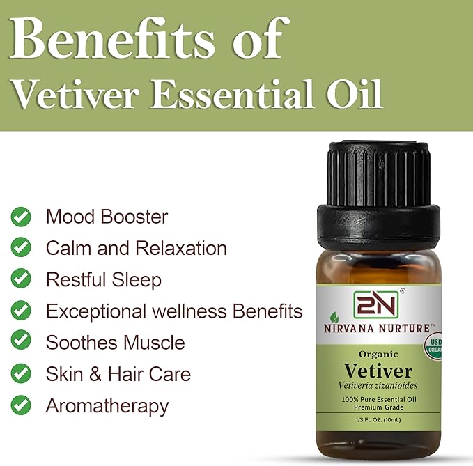 Vetiver Essential Oil, USDA Certified Organic, 100% Pure Undiluted, Aromatherapy Oil for Diffuser, Hair & Skin Care