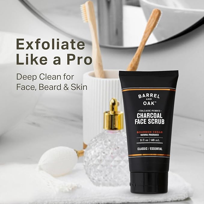 Barrel and Oak Volcanic Pumice & Charcoal Face Scrub for Men, Deep Exfoliating Face Scrub for Dead Skin & Clogged Pores, Promotes Healthy Beard Growth, Vegan, Bourbon Cedar, 5 oz