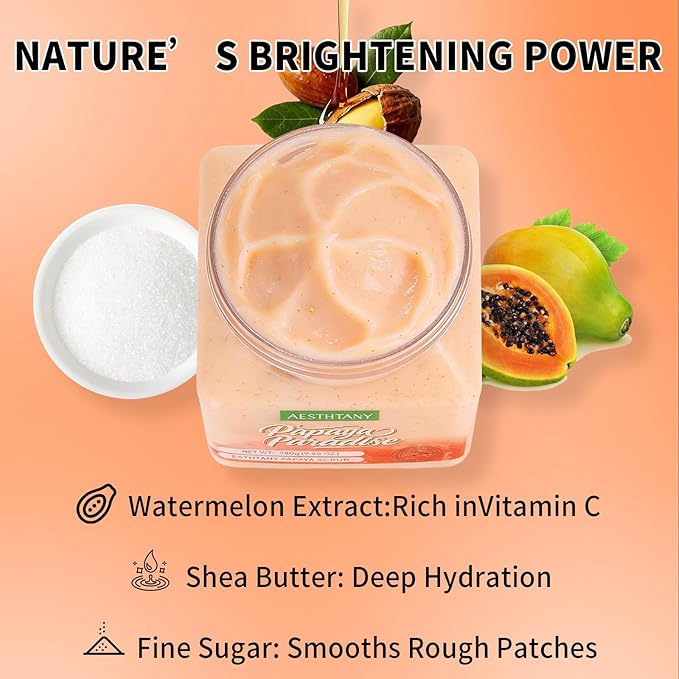 Papaya Body Scrub, Exfoliating Sugar Scrub for Body, Moisturizing Body Exfoliator for Dry Rough Skin, Tropical Papaya Scent Body Polish for Soft Smooth Skin