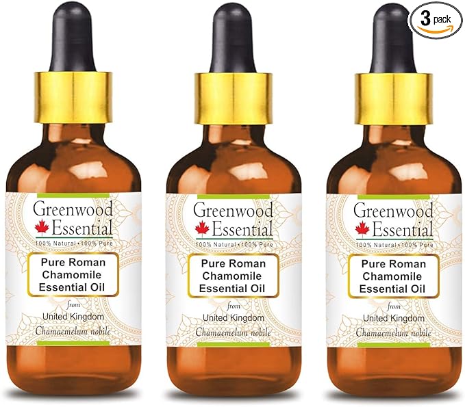 Greenwood Essential Pure Roman Chamomile Essential Oil (Chamaemelum nobile) with Glass Dropper Steam Distilled (Pack of Three) 100ml X 3 (10.1oz)