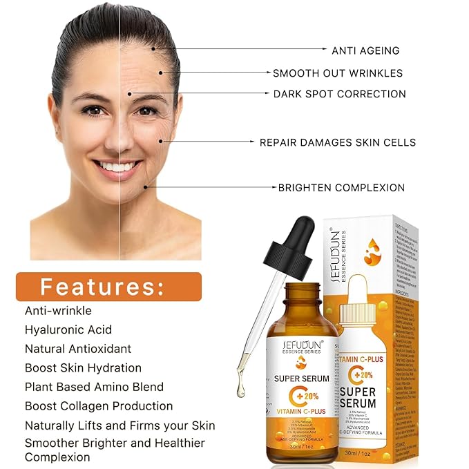 Vitamin C Serum, 20%, Retinol, Anti-Aging, For dark spots, Face Serum with Hyaluronic Acid, 1oz