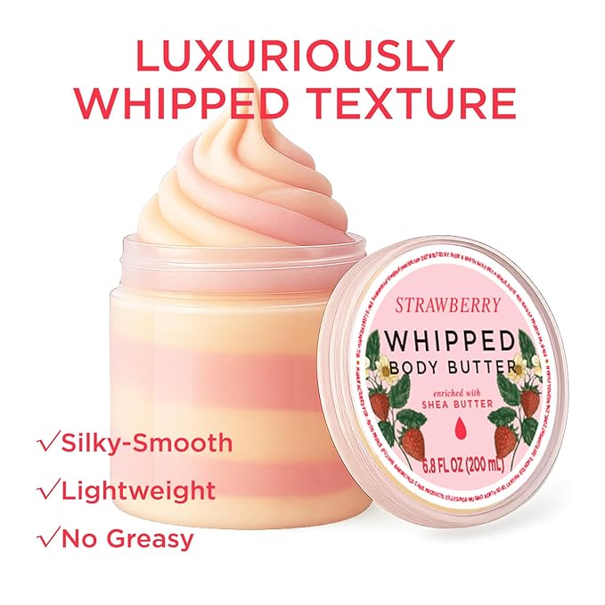 Princess Belle Strawberry Whipped Shea Body Butter, Body Moisturizer for Dry Skin, Smell Good, Strawberry Gifts for Women-2 Pack (3.4floz + 6.8 floz)