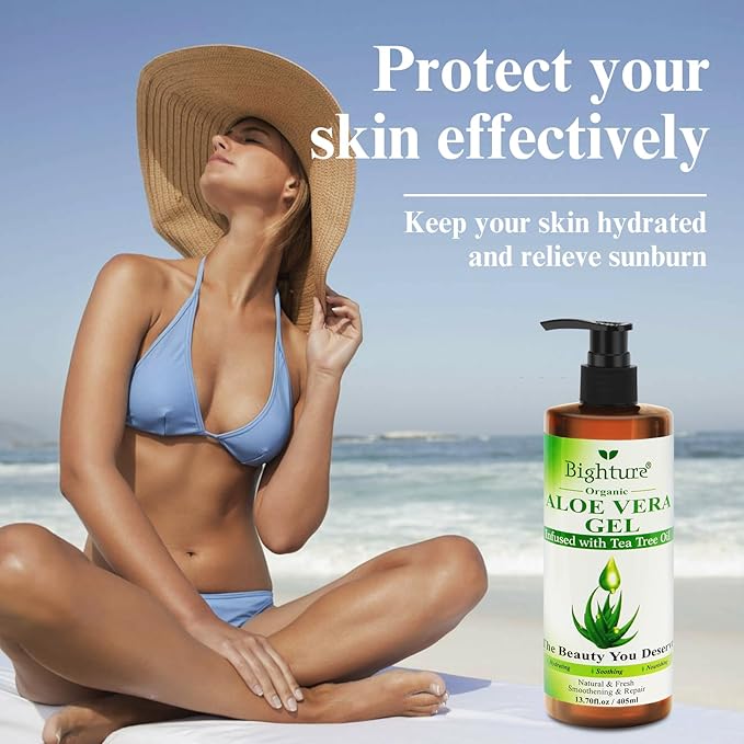 Aloe Vera Gel with Tea Tree Oil for Face, Skin, Hair, Sunburn relief, Aloe Vera Gel from Freshly cut 100% Pure Aloe,13.7oz