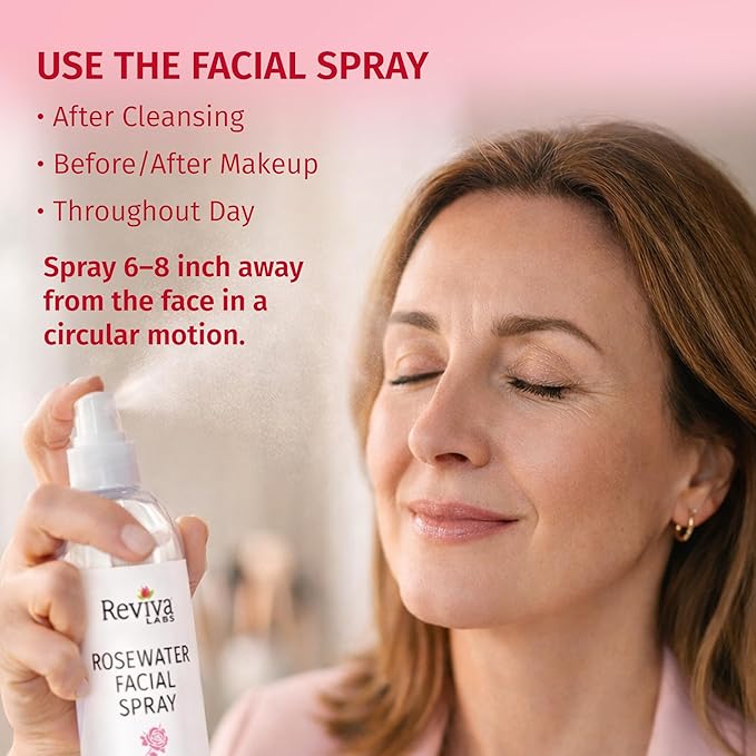 Reviva Labs Rosewater Facial Spray with Soothing Aloe, Herbs & Hyaluronic Acid - Hydrating Rose Water Spray for Face Agua de Rosas para La Cara - Face Mist Toner for All Skin Types, 8 Fl Oz