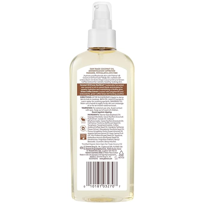 Palmer's Coconut Oil Formula Body Oil, Body Moisturizer with Green Coffee Extract, Bath Oil for Dry Skin, 5.1 Ounces (Spray Cap)