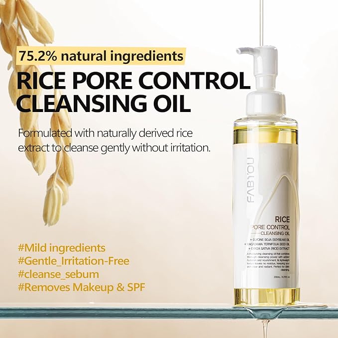 FABYOU Rice Pore Control Cleansing Oil 6.76 fl oz - Korean Skin Care for Deep Pore Cleansing, Moisturizing & Nourishing, Hypoallergenic, Plant-Based Oils, for Clear and Smooth Skin