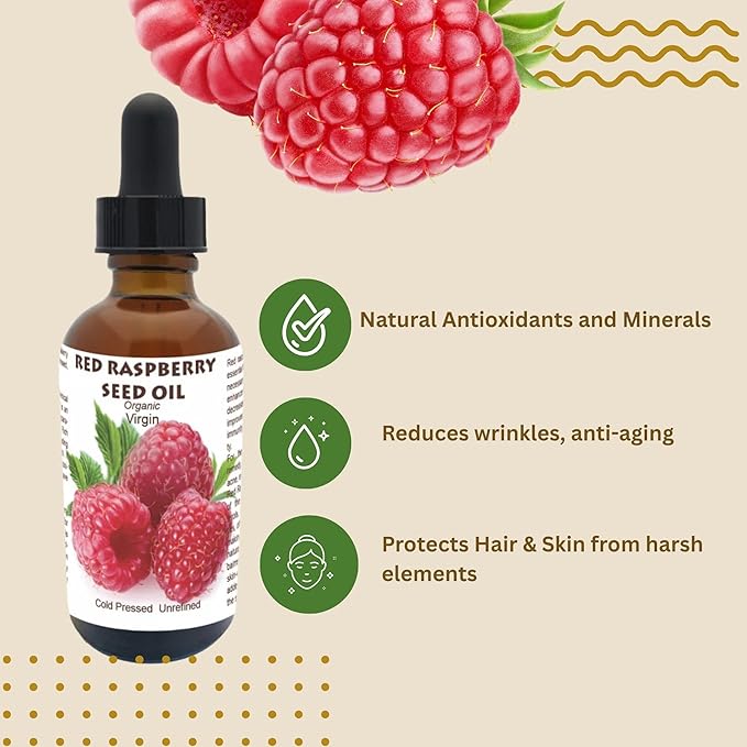 Best Nature's Red Raspberry Seed Oil – 100% Pure, Organic, Cold-Pressed – Natural Face & Hair Moisturizer – Rich in Vitamin E, Omega 3 – Anti-Aging Skincare – 2 fl oz / 60 ml