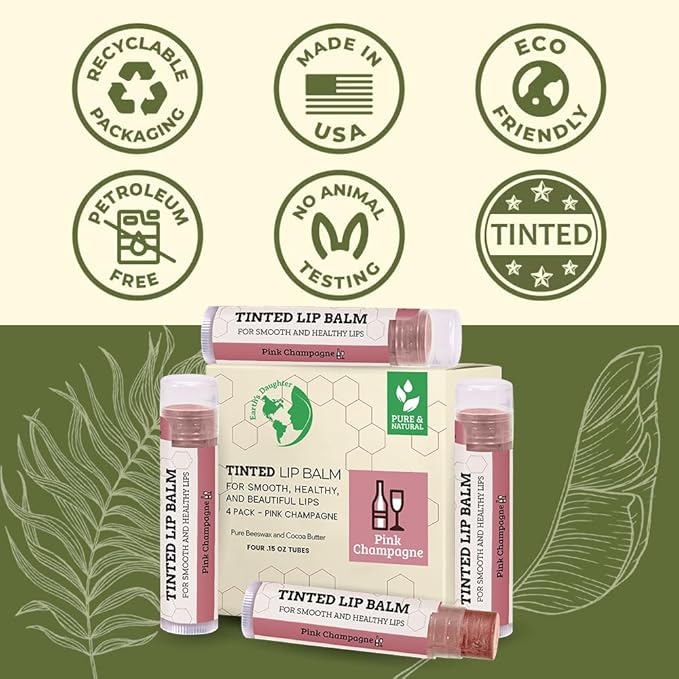 Earth's Daughter Tinted Lip Balm 4-Pack of Pink Champagne Color - Beeswax, Coconut Oil, Cocoa Butter, Vitamin - Moisturize and Beautify - Paraben Free