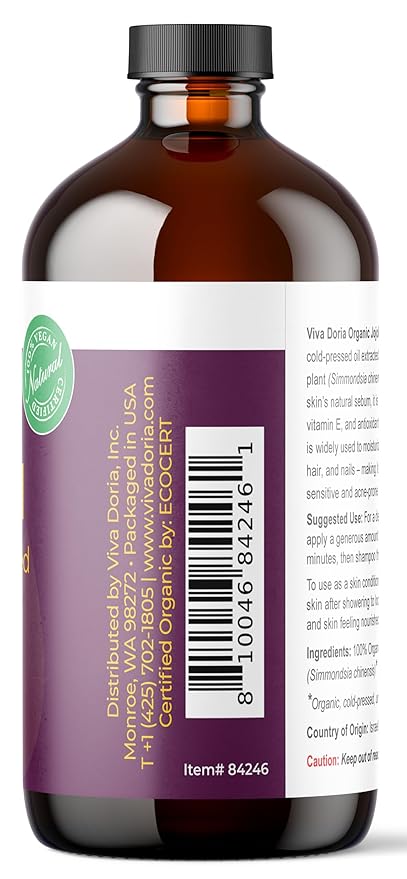 Viva Doria Jojoba Oil, USDA Certified Organic, 16 fl oz, Natural Jojoba Oil for Hair, Skin & Face, Cold Pressed Unrefined
