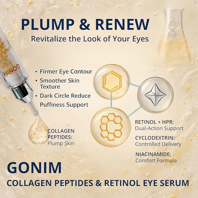 GONIM Eye Gel with Caffeine & Niacinamide, Hydrating Under Eye Gel Serum with Collagen Peptides & Retinol for Fine Lines, Dark Circles and Puffiness, Reduce Wrinkles, Hydrating Gel Base, 0.34oz/10ml