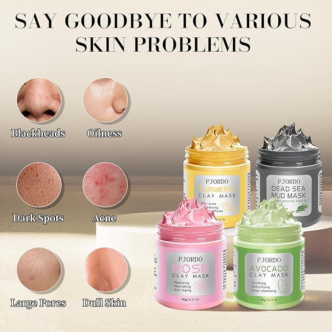 Pjordo 4 Pcs Clay Mask for Face(360g in Total), Turmeric Vitamin C, Dead Sea Mud, Green Tea Avocado, Rose, Face Mask Skincare for Pore Cleansing, Facial Masks for Women Skin Care, 3.17 Oz Each