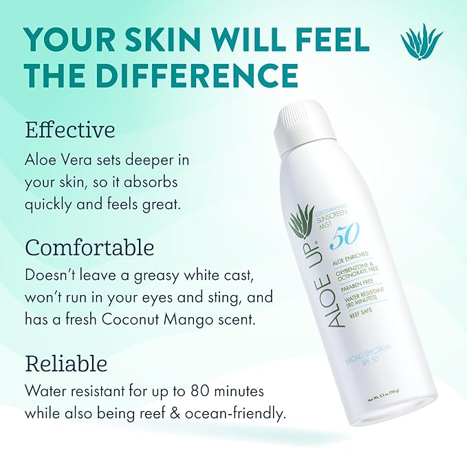 Aloe Up White Collection SPF 50 Sunscreen Spray Mist for Face & Body with Aloe Vera Gel, Water Resistant up to 80 Minutes, Reef Friendly, Non Greasy, Fast Absorbing, Coco Mango 5.5 oz