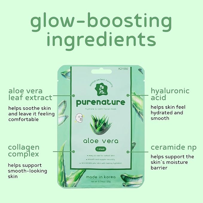 PB & JAY Purenature Facial Mask – Premium Quality Korean Sheet Mask for Sensitive Skin – Korean Collagen Essence Calming Facemask Sheet (Aloe Vera)