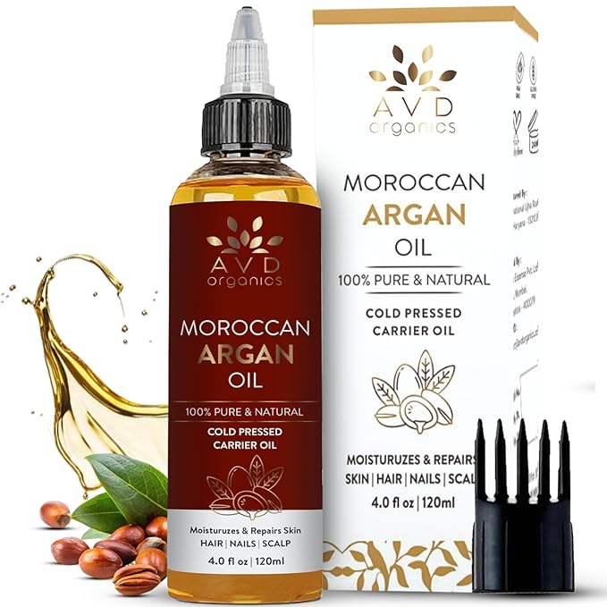 AVD Organics Argan Oil for Hair 120ml – 100% Pure & Natural Moroccan Argan Oil for Adult Hydration, Nourishing, Strengthening, Curly, Frizzy, Dry, Damaged Hair,Face, Skin, Scalp & Nails – (4.05 fl oz)