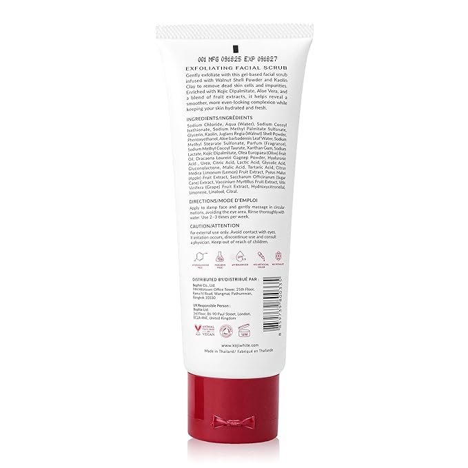 Koji White Exfoliating Facial Scrub | Kojic Acid Face Wash, Gentle Daily Scrubber & Exfoliator for Radiant with 1% Walnut Shell, AHA, Hyaluronic Acid for Uneven Skin Tone, Vegan Skincare, 3.38 Fl Oz