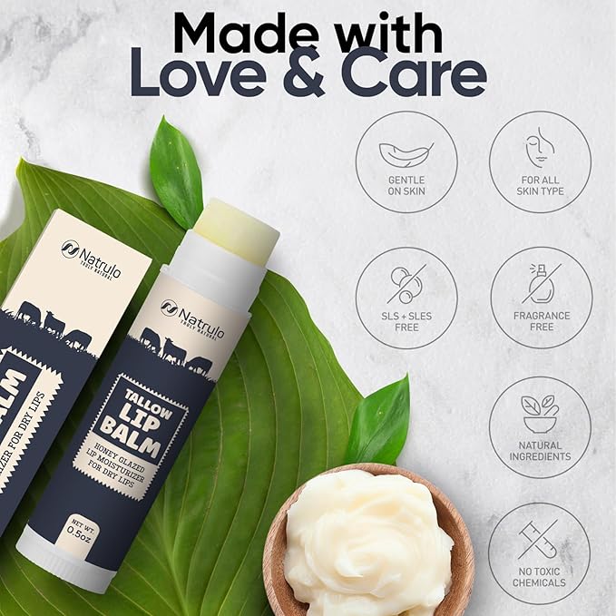 Beef Tallow Lip Balm – All Natural Tallow & Beeswax Chapstick – Hydrating Moisturizing Grass Fed Tallow Lip Care – Soothes Chapped, Dry, Sensitive Lips – Long Lasting & Vitamin Rich, Made in USA