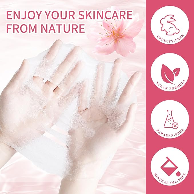 Face Masks Skincare, Pack of 5 Sheet Masks, Hydrating Facial Mask for All Skin Types, Long-lasting Moisturizing, Soothing, Cherry Blossom