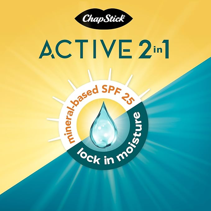 ChapStick Active 2-in-1 Unscented Flavored Lip Balm Tubes with Mineral Based SPF 25 Sunscreen - 0.18 Oz (Pack of 3)
