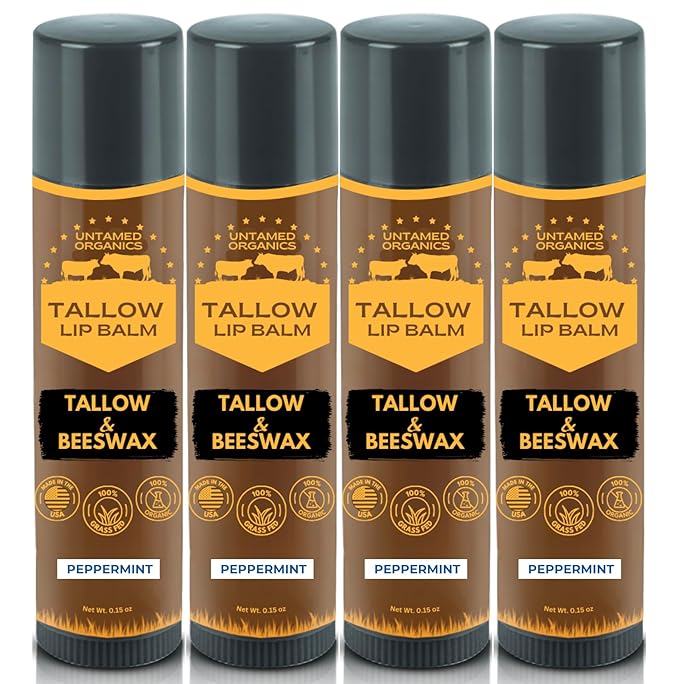 Pure Tallow Lip Balm | 100% Grass-Fed Beef Tallow and Organic Beeswax | Moisturizing Lip Care for Dry, Chapped Lips | Hypoallergenic, Fragrance-Free | Handcrafted in USA | 4-Pack (Peppermint)
