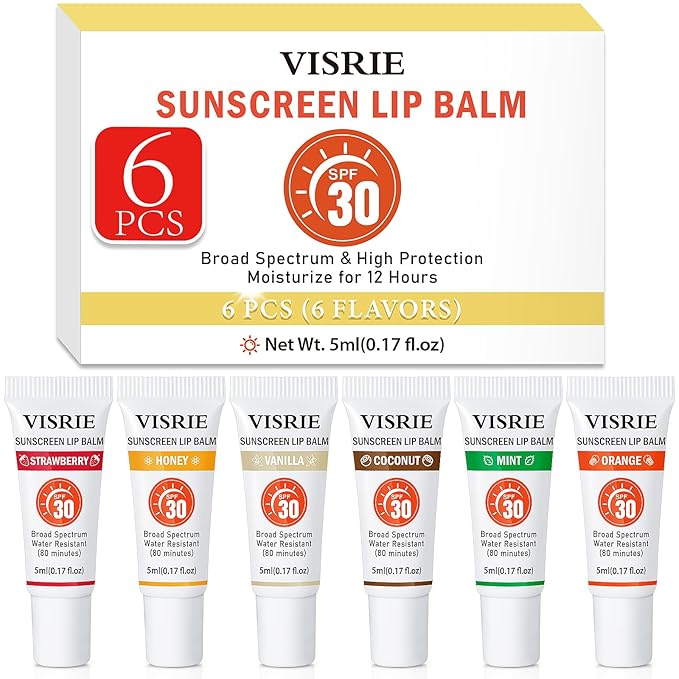VISRIE SPF 30 Sunscreen Lip Balm 6 Pack,Clear SPF Lip Gloss UVA/UVB Sun Protection, Moisturizing Lip Sunscreen with Vitamin E and Shea Butter, Travel Sunscreen for Lips