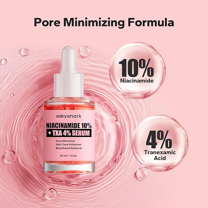SilkyShark Niacinamide Serum (1 Fl Oz), 10% Niacinamide + 4% Tranexamic Acid Serum, Face Serums for Pore Minimizing, Dark Spots, Blackhead Removal, Hydrating, and Anti-Aging
