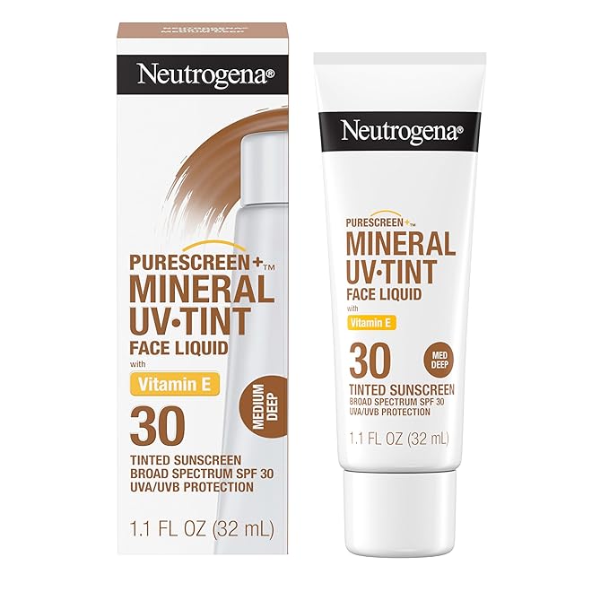 Neutrogena Purescreen+ Tinted Sunscreen for Face with SPF 30, Broad Spectrum Mineral Sunscreen with Zinc Oxide and Vitamin E, Water Resistant, Fragrance Free, Medium Deep, 1.1 fl oz