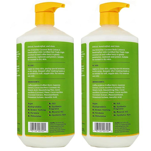 Alaffia Everyday Coconut Hydrating Body Lotion, Normal to Dry Skin, Moisturizing Oil is Support for Soft & Supple Skin, Purely Coconut, 2 Pack - 32 Fl Oz Ea