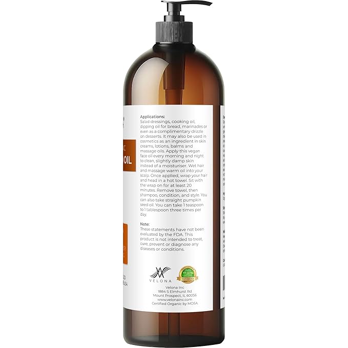 velona Pumpkin Seed Oil USDA Certified Organic - 32 fl oz | 100% Pure and Natural Carrier Oil | Unrefined, Cold Pressed | Cooking, Face, Hair, Body & Skin Care | Use Today - Enjoy Result