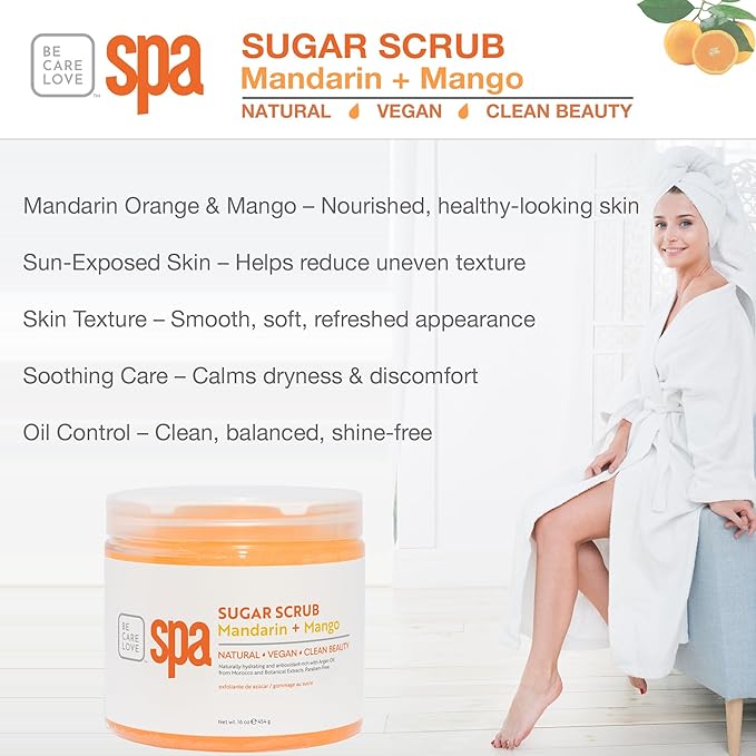 BCL Spa Mandarin Mango Sugar Scrub - Professional Exfoliating Body Scrub with Organic Essential Oils, Natural Skin & Body Care, Made in USA, 16 oz