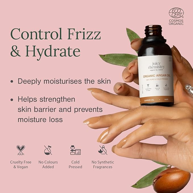 Juicy Chemistry Argan Oil, 30 ml | Pure, Cold-pressed & Organic Argan Oil for Moisturising Skin & Managing Dry, Frizzy Hair | Ecocert Certified Organic for Men & Women | Cruelty-free & 100% Vegan