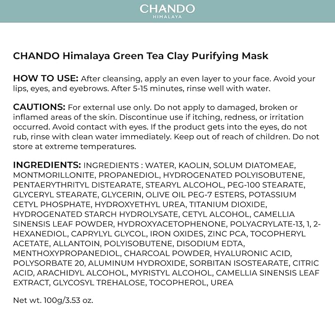 CHANDO HIMALAYA Purifying Green Tea Mask, Natural Facial Clay Mask Deep Pore Cleansing with Green Tea Extract and Portulaca Extract, for Clogged Pores, Detoxifies & Balance Oil, 3.52 fl.oz