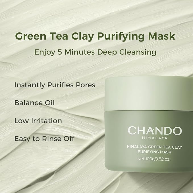 CHANDO HIMALAYA Purifying Green Tea Mask, Natural Facial Clay Mask Deep Pore Cleansing with Green Tea Extract and Portulaca Extract, for Clogged Pores, Detoxifies & Balance Oil, 3.52 fl.oz