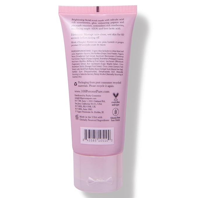 100% PURE Strawberry Brightening Facial Scrub Antioxidant-Rich for Radiant, Smooth Skin - Papaya & Pineapple Enzymes Natural Glow Exfoliator - Gentle Exfoliating Face Wash for Women & Men - 2 Fl oz