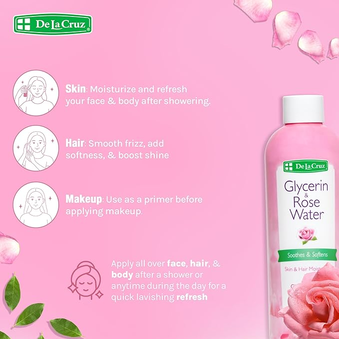 De La Cruz Rose Water and Glycerin for Face - Rosewater Facial Toner and Moisturizer for Skin and Hair 8 fl oz (236 mL) - 3 Bottles